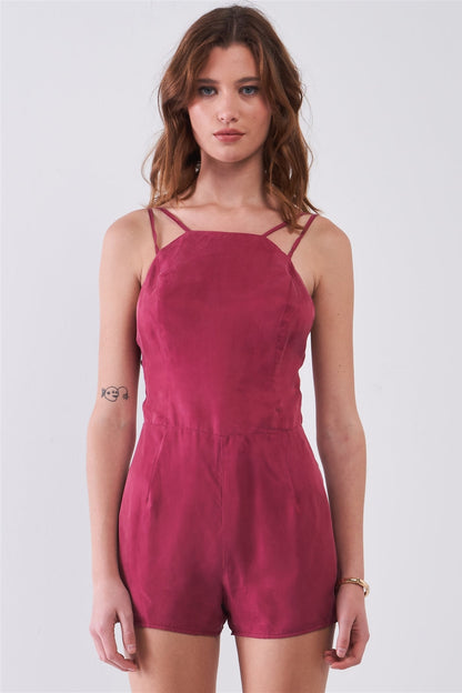 Red Sangria Sleeveless Bandeau Neck Open Back Romper