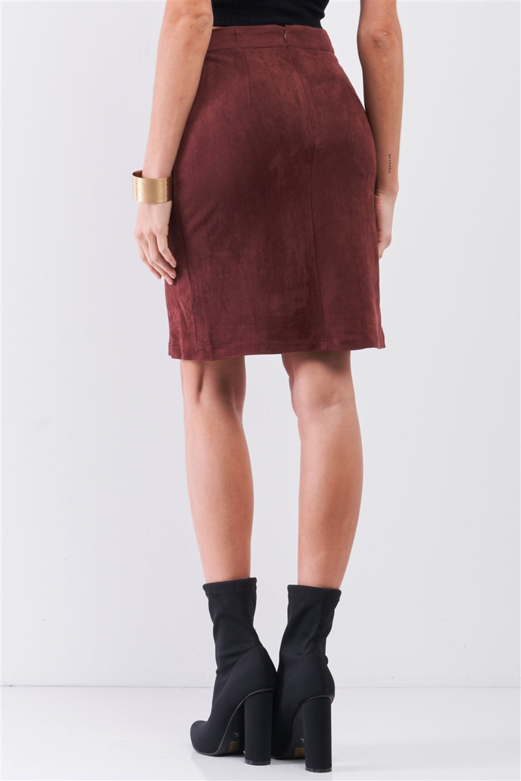 Redwood Faux Suede High-Waisted Asymmetrical Stitch Midi Skirt