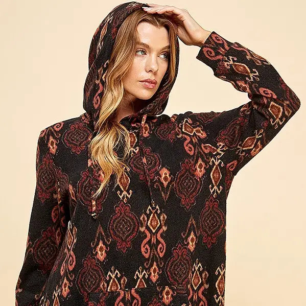Women Simple Retro Print Soft Hoodie