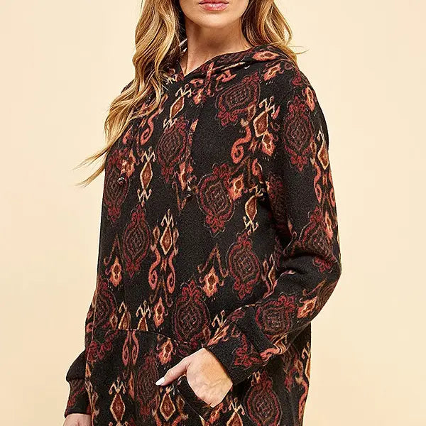 Women Simple Retro Print Soft Hoodie