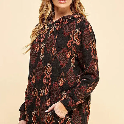 Women Simple Retro Print Soft Hoodie