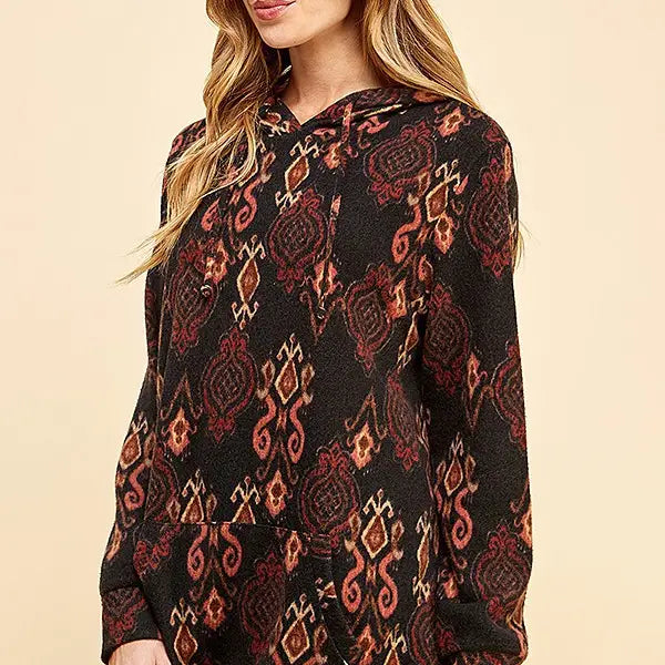 Women Simple Retro Print Soft Hoodie