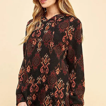 Women Simple Retro Print Soft Hoodie