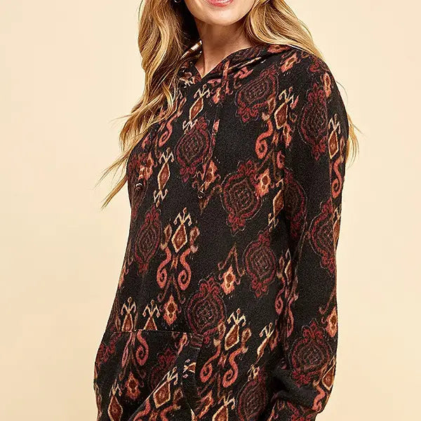 Women Simple Retro Print Soft Hoodie