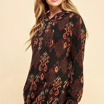 Women Simple Retro Print Soft Hoodie