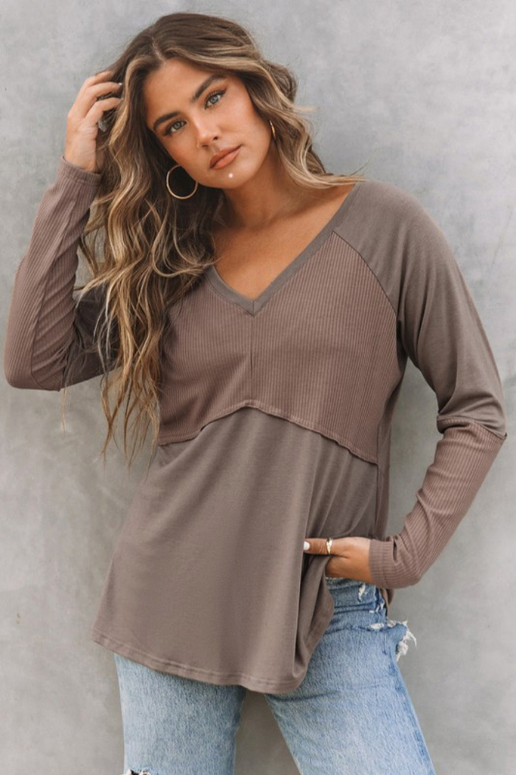 Ribbed Patchwork V Neck Long Sleeve Top