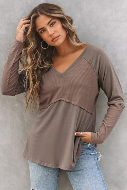 Ribbed Patchwork V Neck Long Sleeve Top