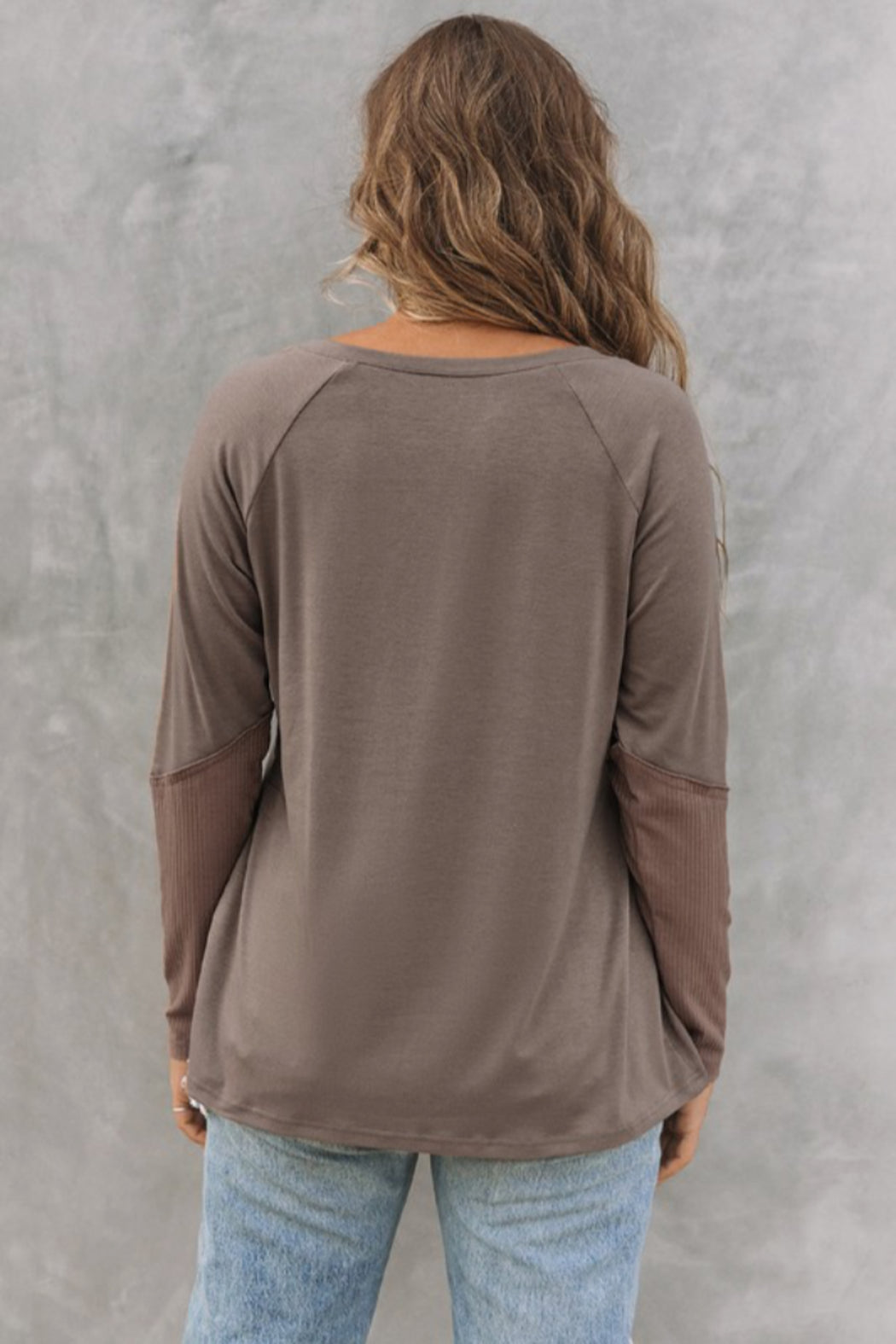 Ribbed Patchwork V Neck Long Sleeve Top