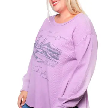 Women's Plus Long Sleeves Waffle Graphic Top