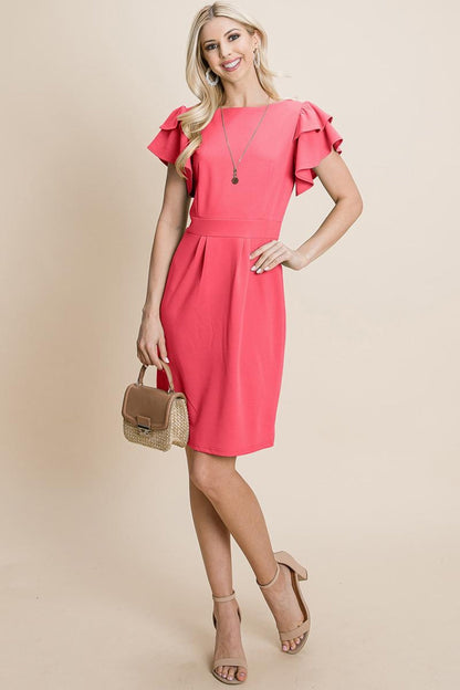 Ruffle Sleeve Boat-Neck Sheath Bodycon Dress