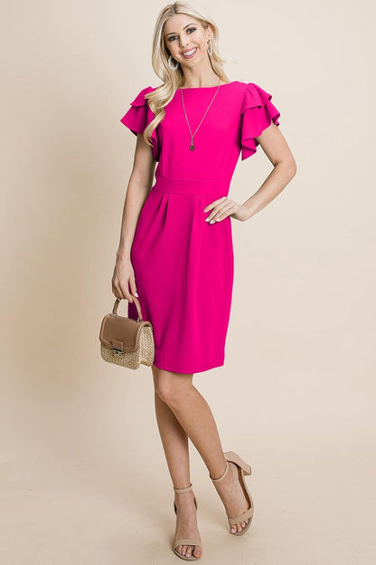 Ruffle Sleeve Boat-Neck Sheath Bodycon Dress