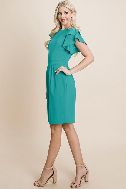 Ruffle Sleeve Boat-Neck Sheath Bodycon Dress