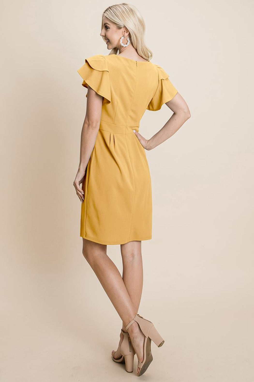 Ruffle Sleeve Boat-Neck Sheath Bodycon Dress