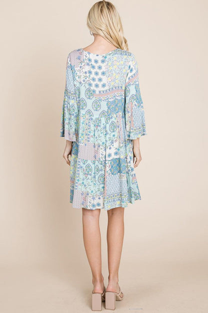 3/4 Sleeve Pleated Floral Flowy Boho Swing Dresses