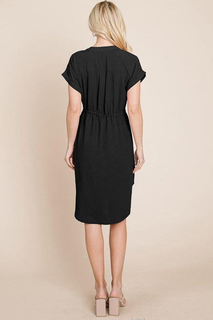 Button Down Solid Drawstring Waist Shirt Dress
