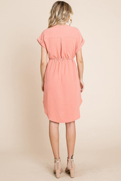 Button Up Tie Waist V Neck Shirt Dress