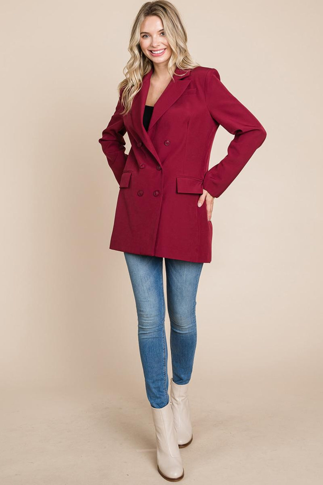 Collar Long Double Breasted Blazer Jacket