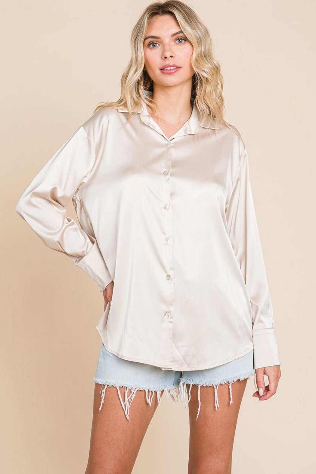 Collared Satin Button Down Blouse Shirts