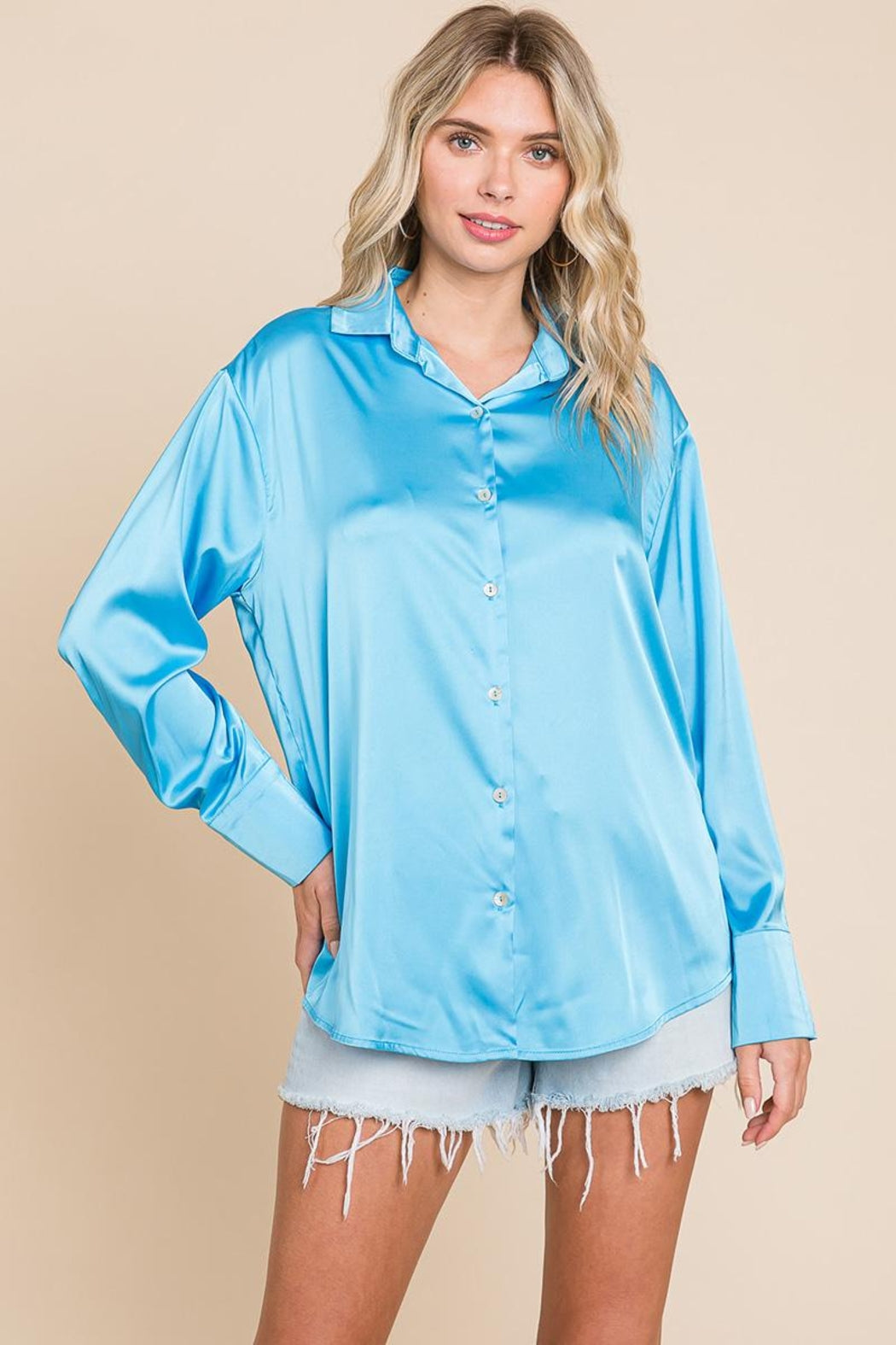 Collared Satin Button Down Blouse Shirts