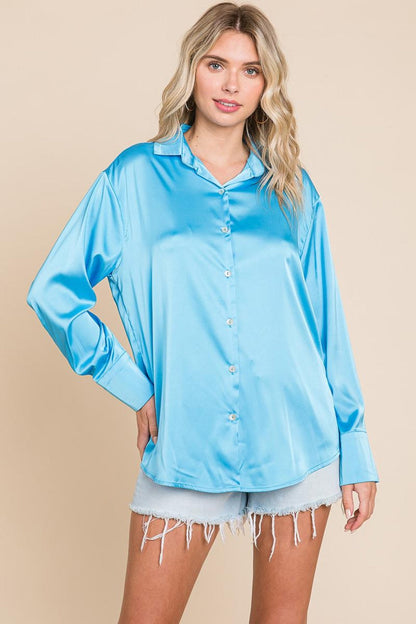 Collared Satin Button Down Blouse Shirts
