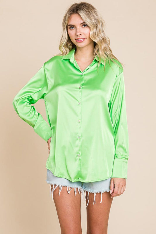 Collared Satin Button Down Blouse Shirts