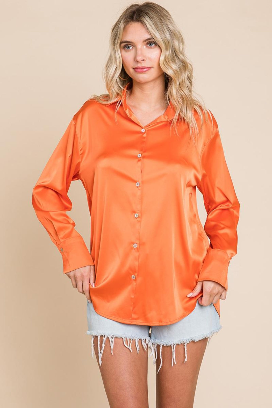 Collared Satin Button Down Blouse Shirts