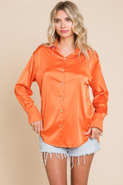 Collared Satin Button Down Blouse Shirts