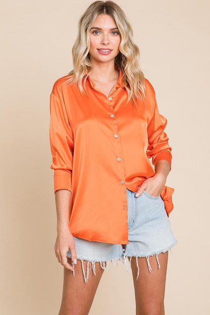 Collared Satin Button Down Blouse Shirts