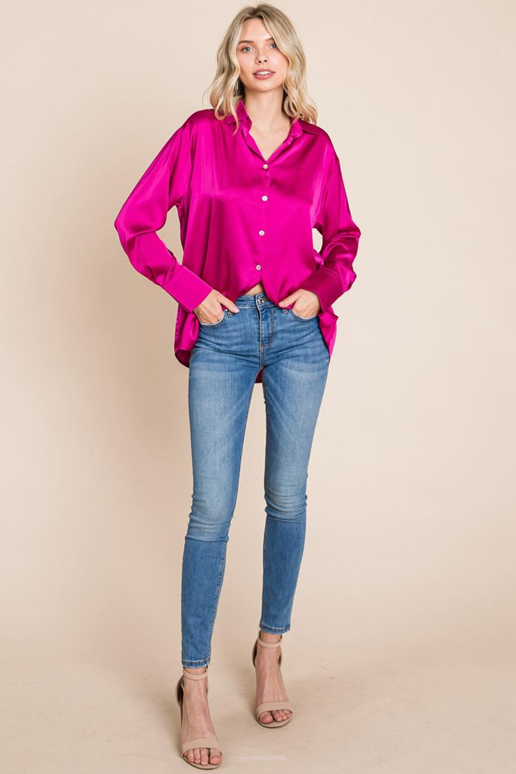 Collared Satin Button Down Blouse Shirts