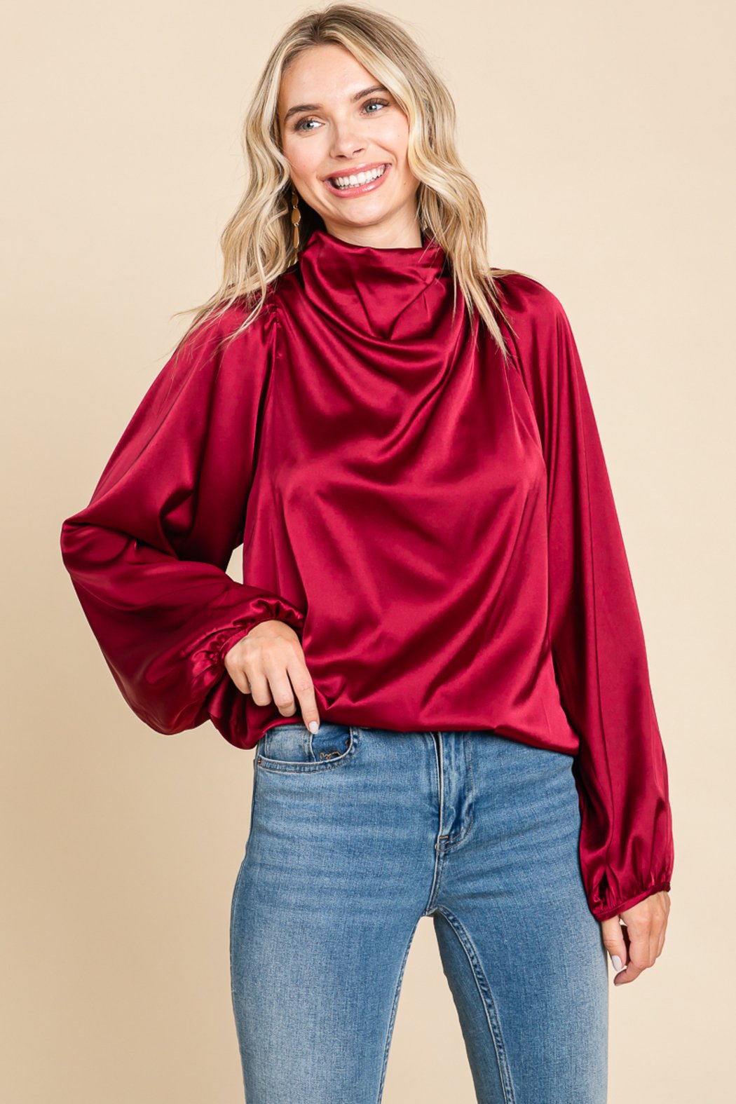 Cowl Neck Long Sleeve Satin Blouse Top