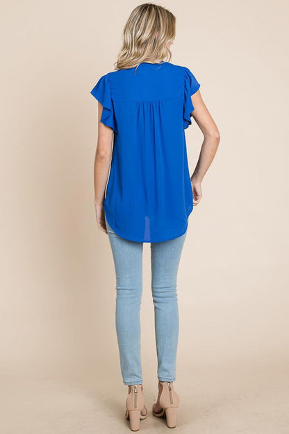 Crochet Detail Flutter Short Sleeve Blouse Tops