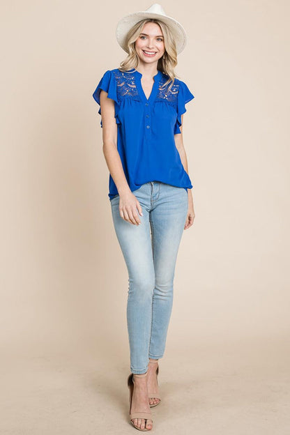 Crochet Detail Flutter Short Sleeve Blouse Tops