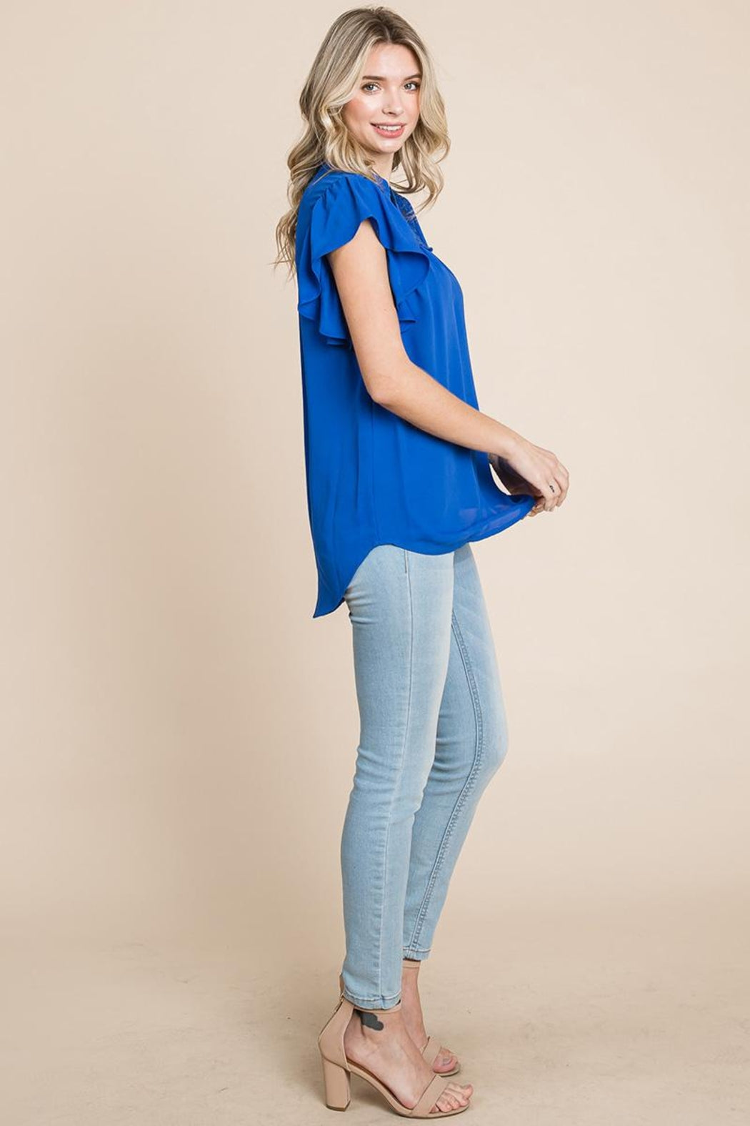 Crochet Detail Flutter Short Sleeve Blouse Tops