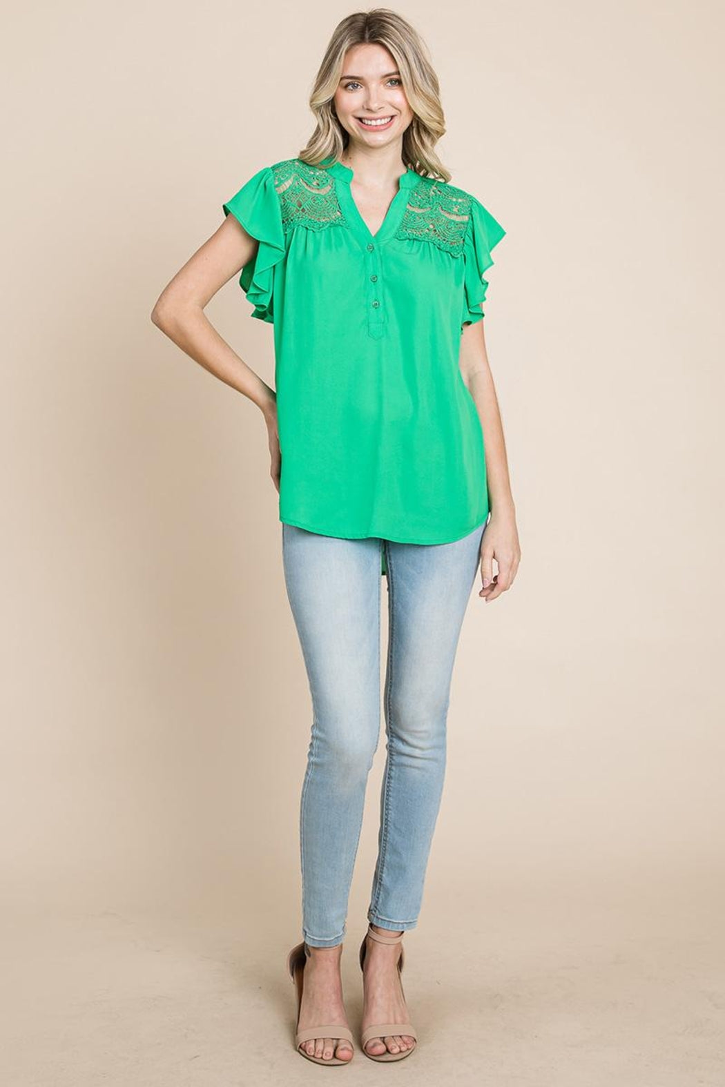 Crochet Detail Flutter Short Sleeve Blouse Tops