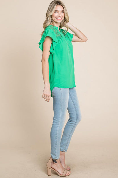 Crochet Detail Flutter Short Sleeve Blouse Tops
