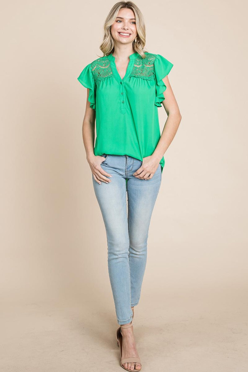 Crochet Detail Flutter Short Sleeve Blouse Tops