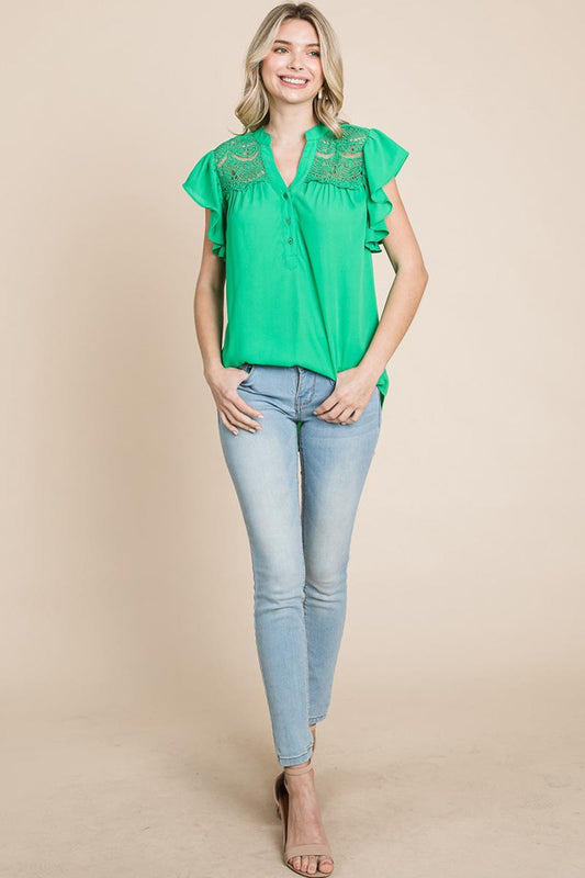 Crochet Detail Flutter Short Sleeve Blouse Tops