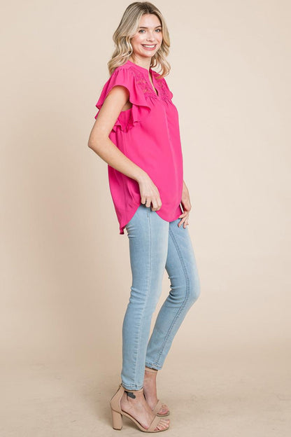 Crochet Detail Flutter Short Sleeve Blouse Tops