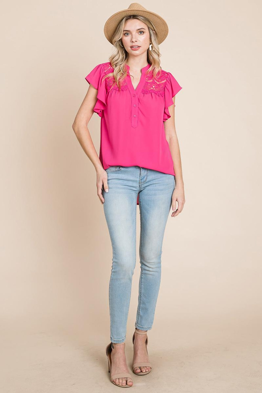 Crochet Detail Flutter Short Sleeve Blouse Tops