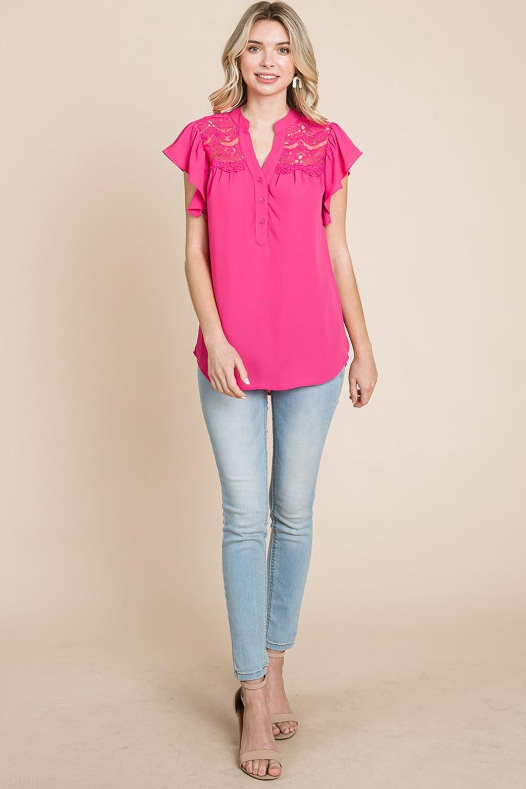 Crochet Detail Flutter Short Sleeve Blouse Tops