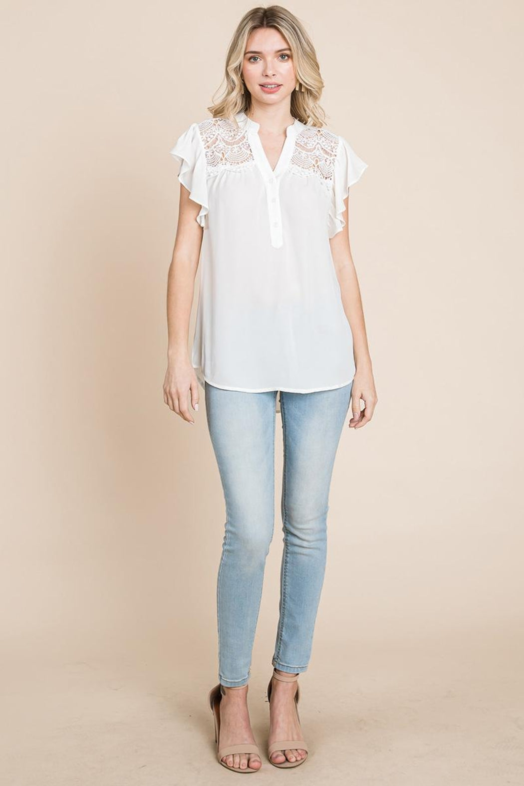 Crochet Detail Flutter Short Sleeve Blouse Tops