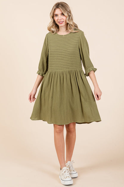 Double Gauze Peasant Sleeve Pintucked Boho Dress