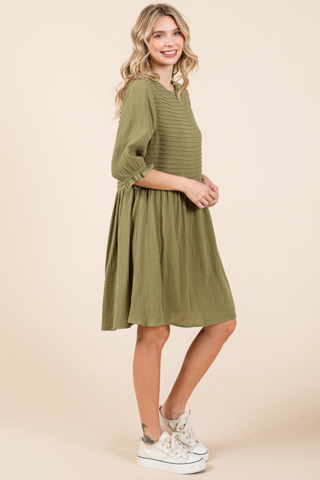 Double Gauze Peasant Sleeve Pintucked Boho Dress