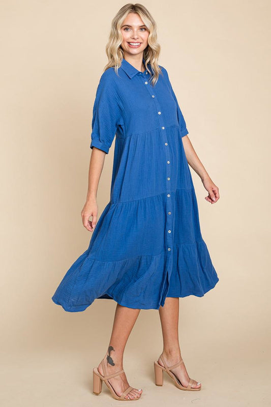 Double Gauze Tiered Cotton Midi Shirt Dress