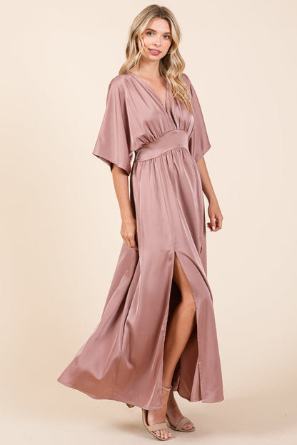 Double Stain Split Hem Smocked Kimono Maxi Dress