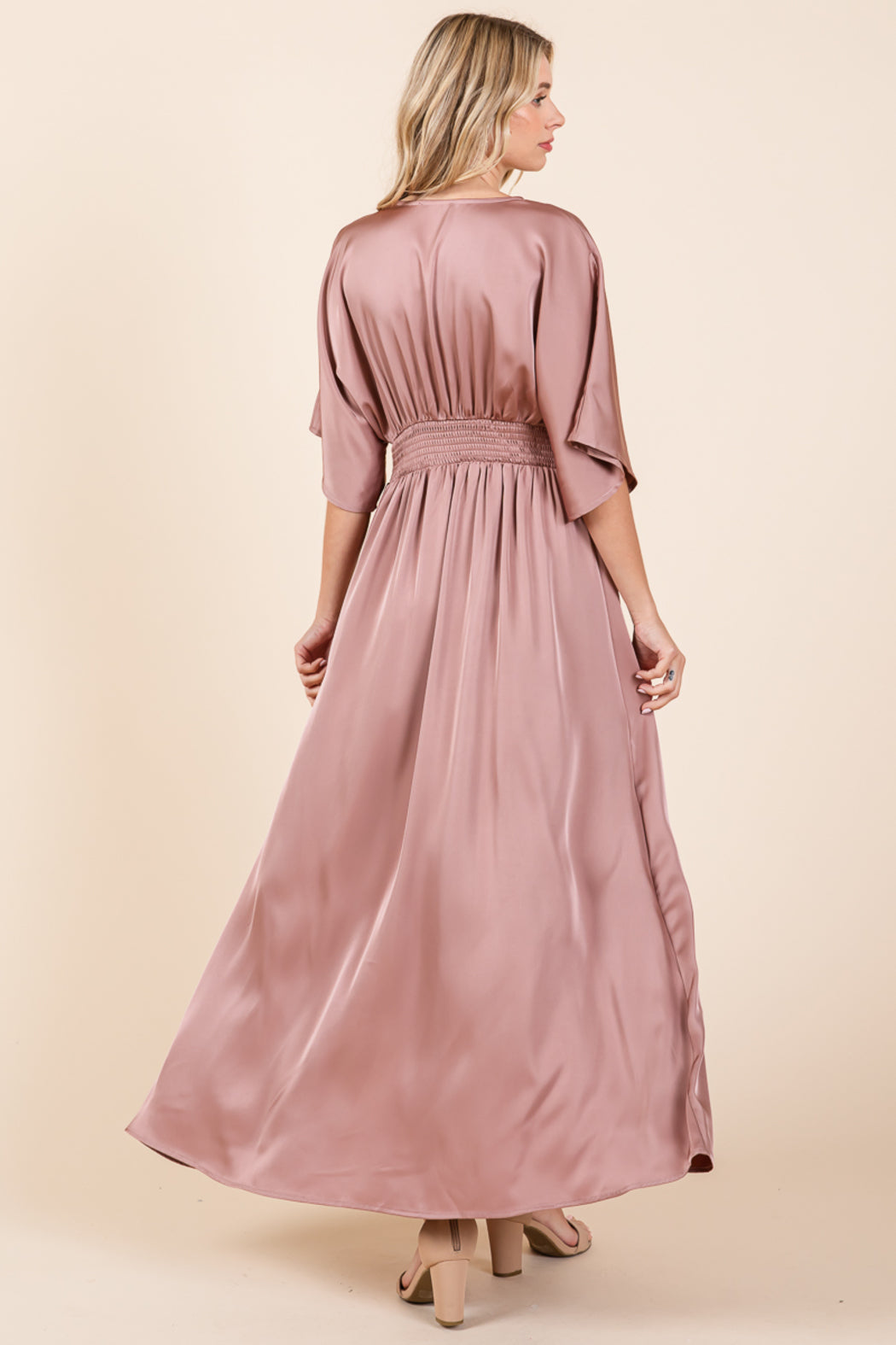 Double Stain Split Hem Smocked Kimono Maxi Dress