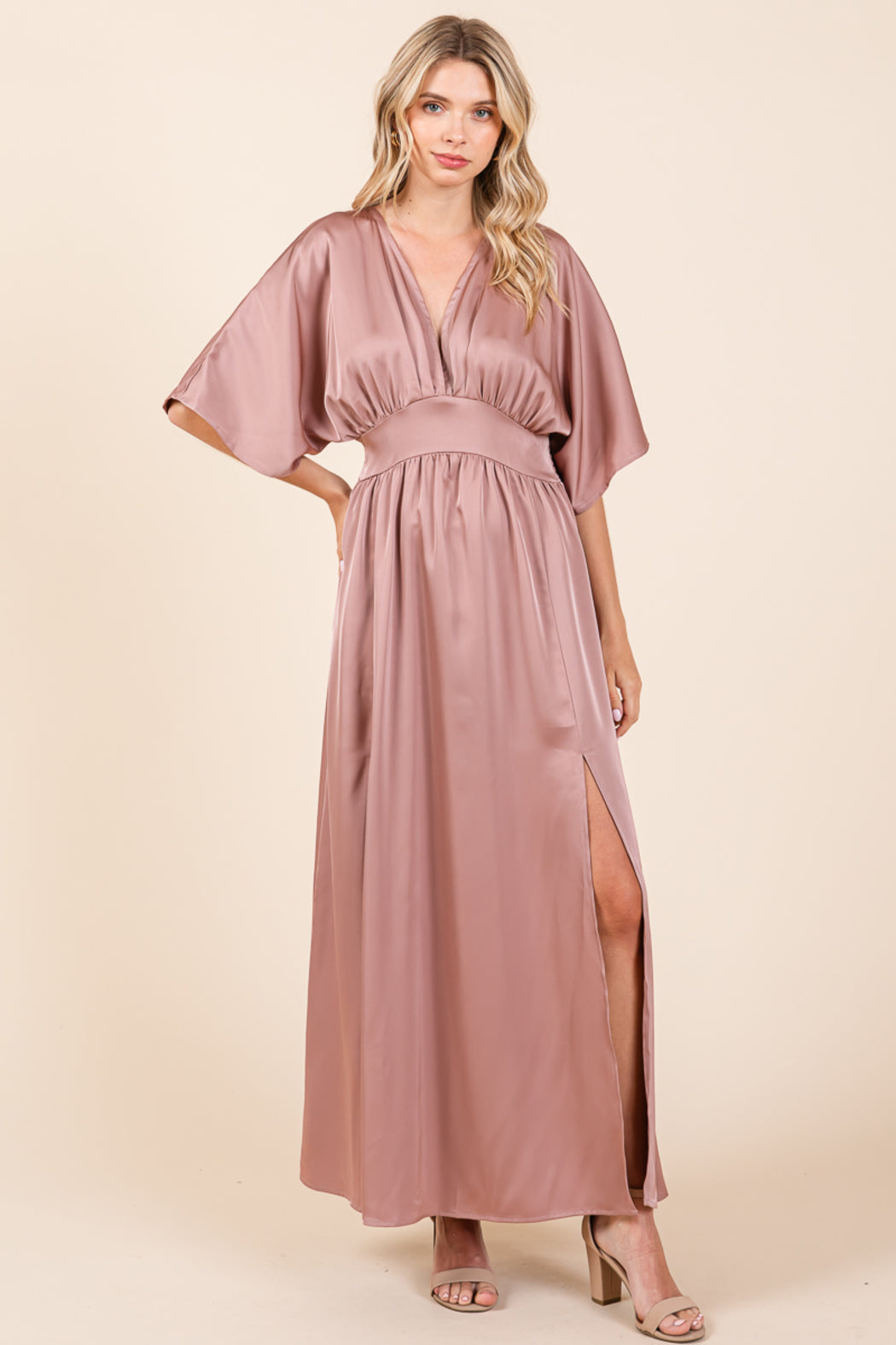 Double Stain Split Hem Smocked Kimono Maxi Dress