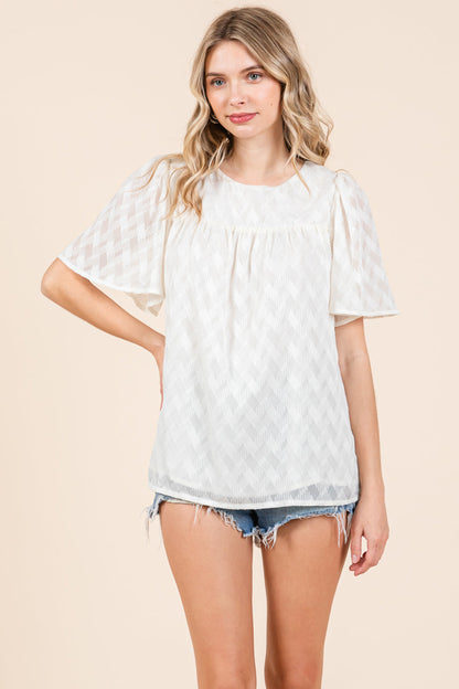 Flare Sleeve Textured Round Neck Checkered Blouse