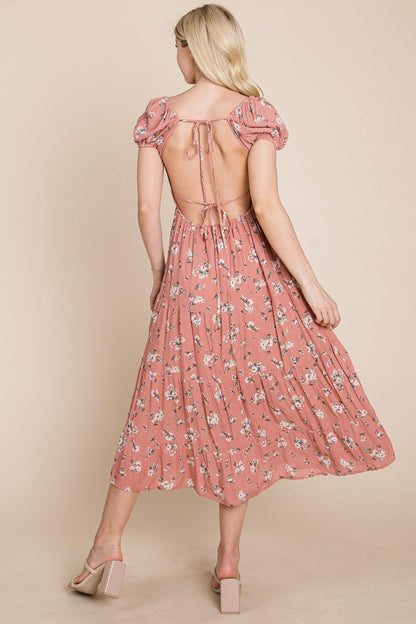 Floral Pleated Open Back Midi Dress