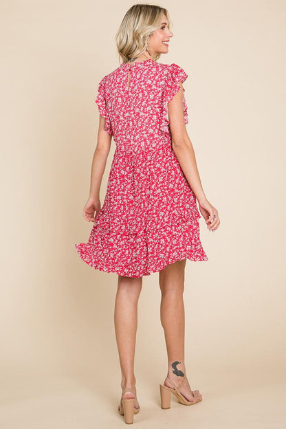 Floral Printed Ruffled Sleeve Pleated Dress